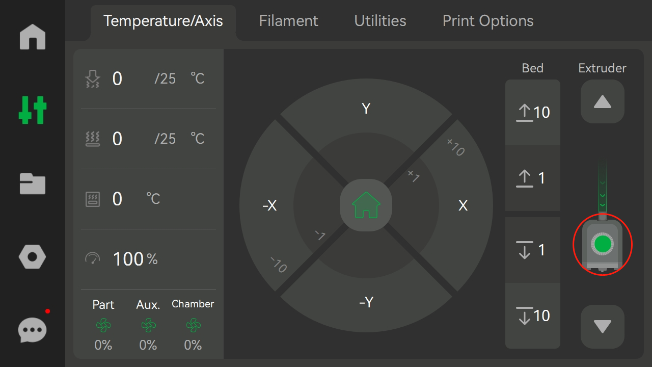 Экран X1 — зелёная точка означает, что датчик Холла определяет филамент в экструдере