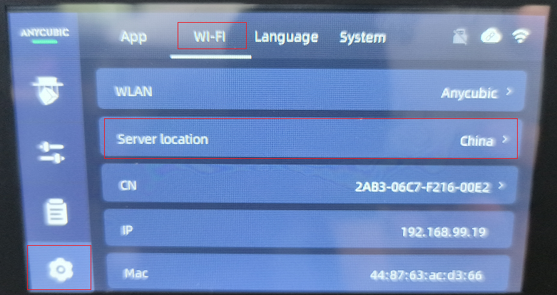 Настройки WLAN на Photon Mono 4 Ultra: местоположение сервера, CN, IP и MAC