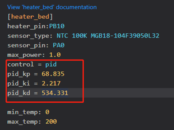 Блок PID-коэффициентов стола в printer.cfg