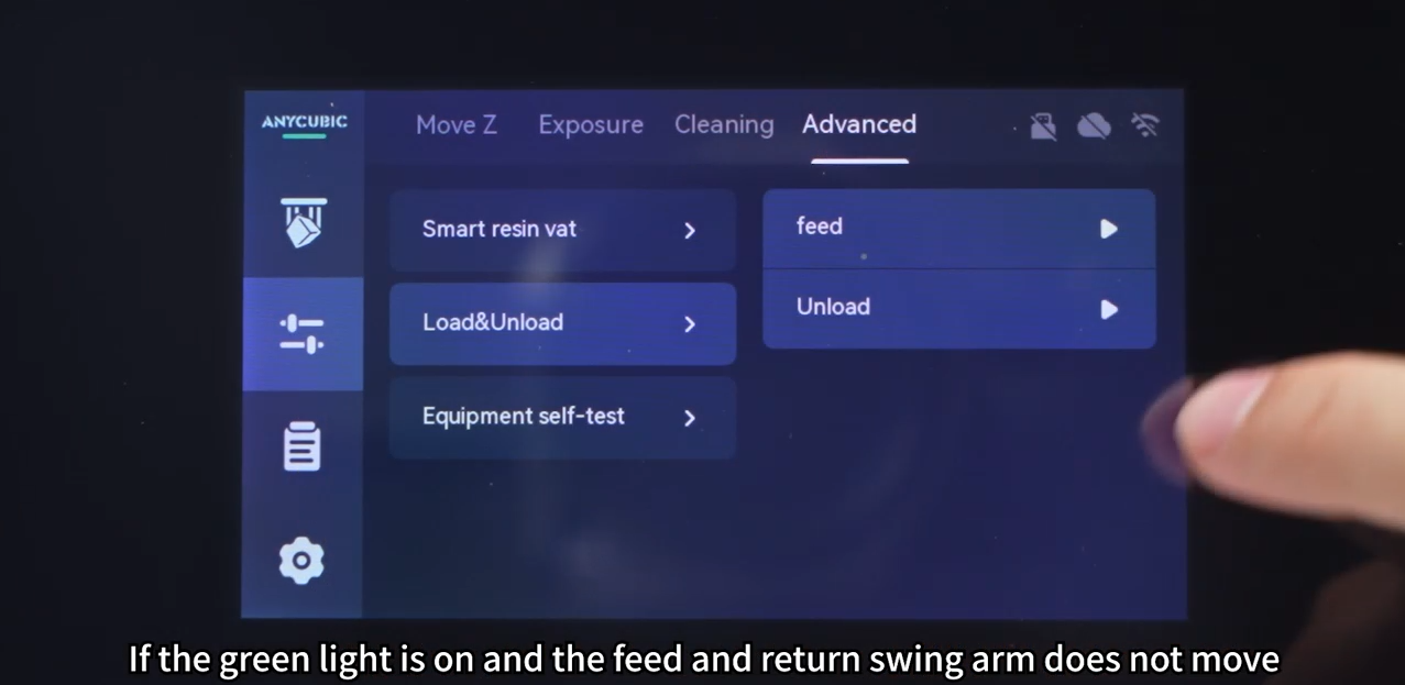 Меню Advanced с пунктами Smart resin vat, Load and Unload и Equipment self-test