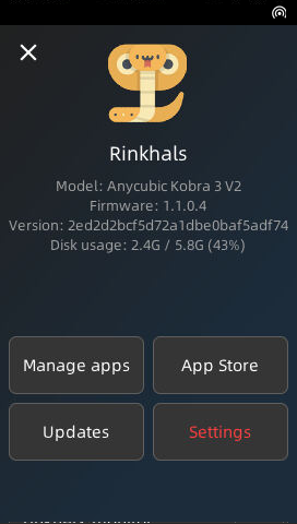 Главный экран Rinkhals на дисплее принтера Anycubic Kobra