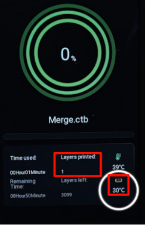 Print screen showing 39 °C ambient and 30 °C resin temperature