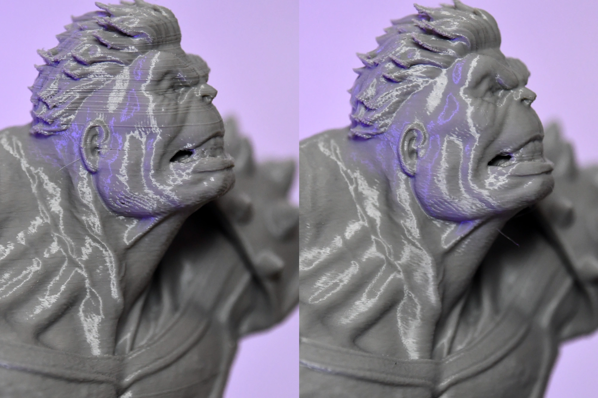 Бюст-статуэтка, напечатанная на Ender-3 V3 — слева до калибровки с дефектами поверхности и эхом, справа после калибровки чисто