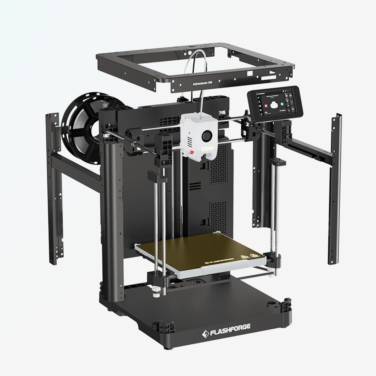 Внутреннее устройство Adventurer 5M: рама CoreXY, печатающая головка, золотистый PEI-стол, ходовой винт оси Z