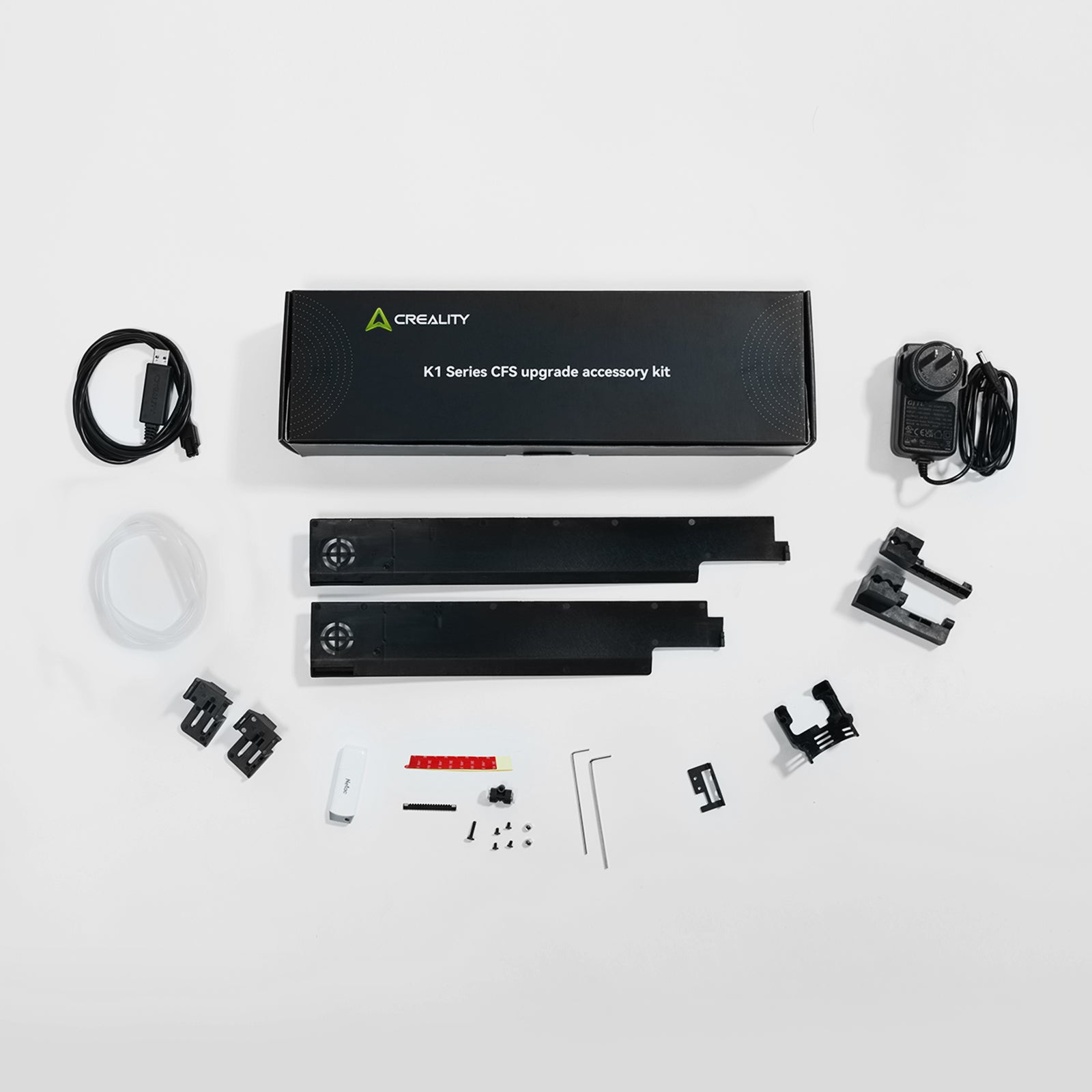 Содержимое коробки Creality K1 Series CFS Upgrade Accessory Kit — два узла подачи, кабели, крепёж