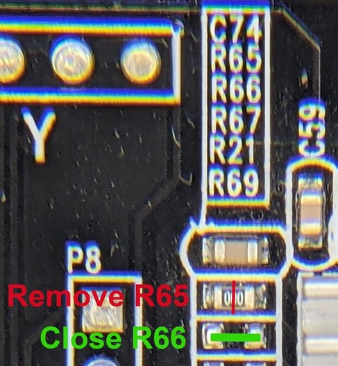 Резисторы R65 и R66 на плате Trigorilla Pro A: R65 снять, R66 запаять — подготовка к Klipper