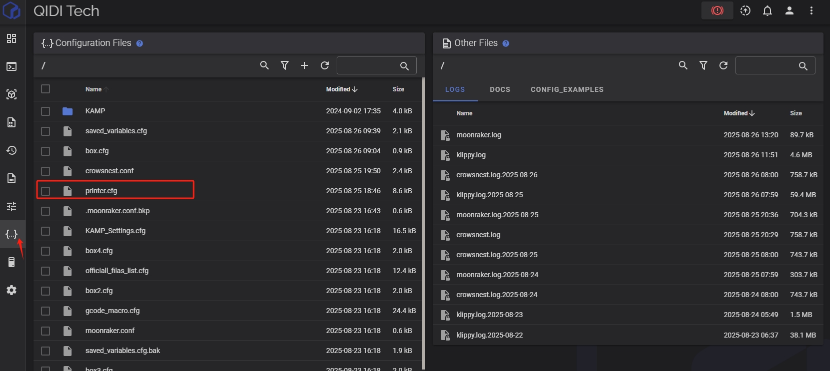 Файл KAMP_Settings.cfg в интерфейсе Fluidd: строки, ограничивающие площадь прощупывания
