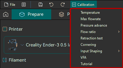 Меню Calibration в OrcaSlicer — все встроенные тесты