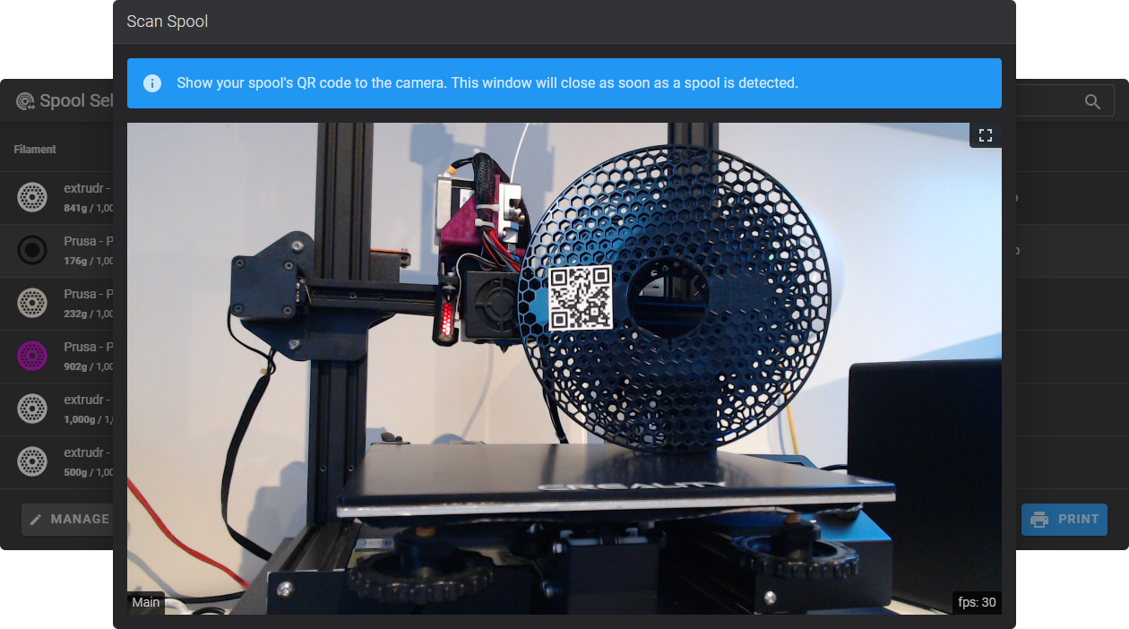 Окно Scan Spool в Fluidd: сканирование QR-кода катушки веб-камерой принтера