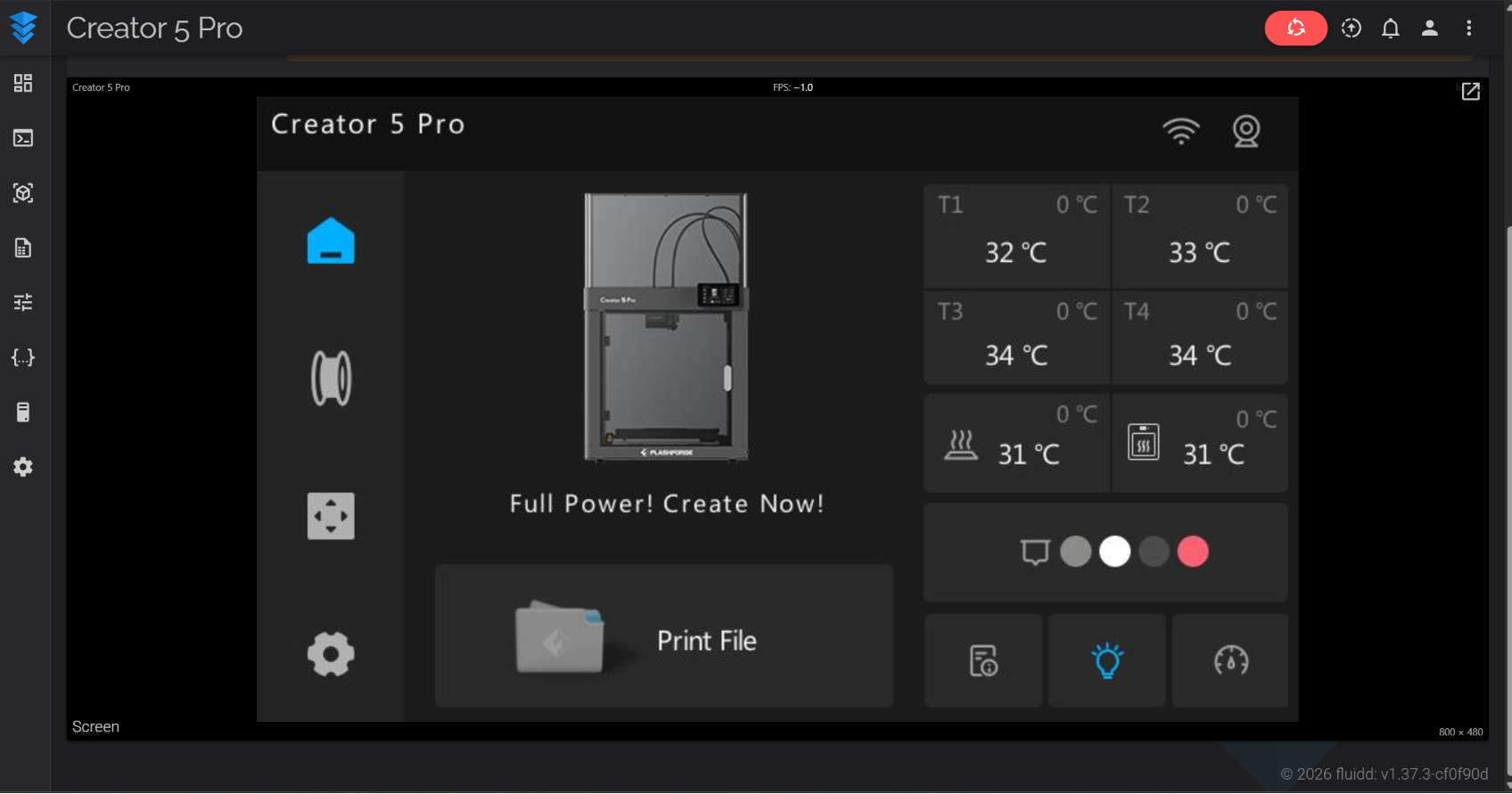 Родной экран Creator 5 Pro, транслируемый в окно браузера через Fluidd