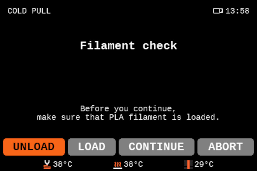 Cold Pull menu on Prusa MK4 display