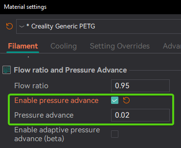 Включение Pressure Advance в профиле филамента OrcaSlicer