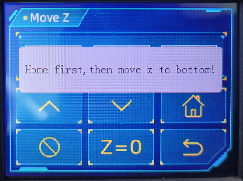 Всплывающее окно Home first, then move z to bottom на экране принтера