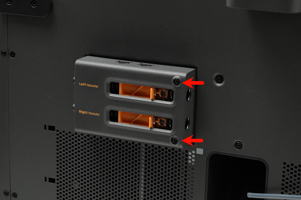 X2D filament buffer on the rear panel with Left Nozzle and Right Nozzle ports