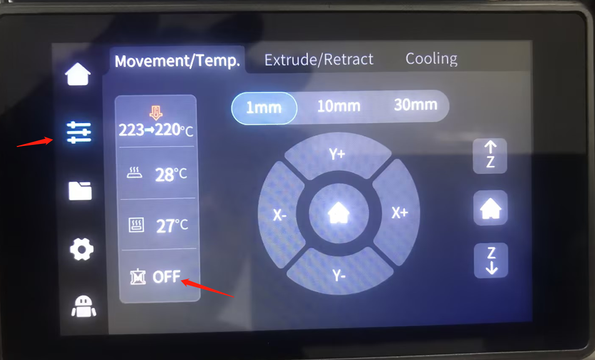 Основной экран управления K1C: Movement, Temp, Extrude/Retract, Cooling