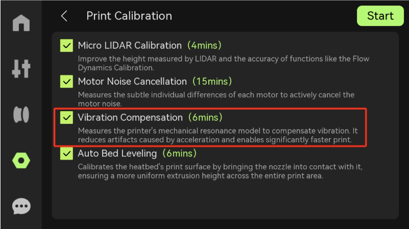 Экран калибровки компенсации вибраций на Bambu Lab X1 Carbon