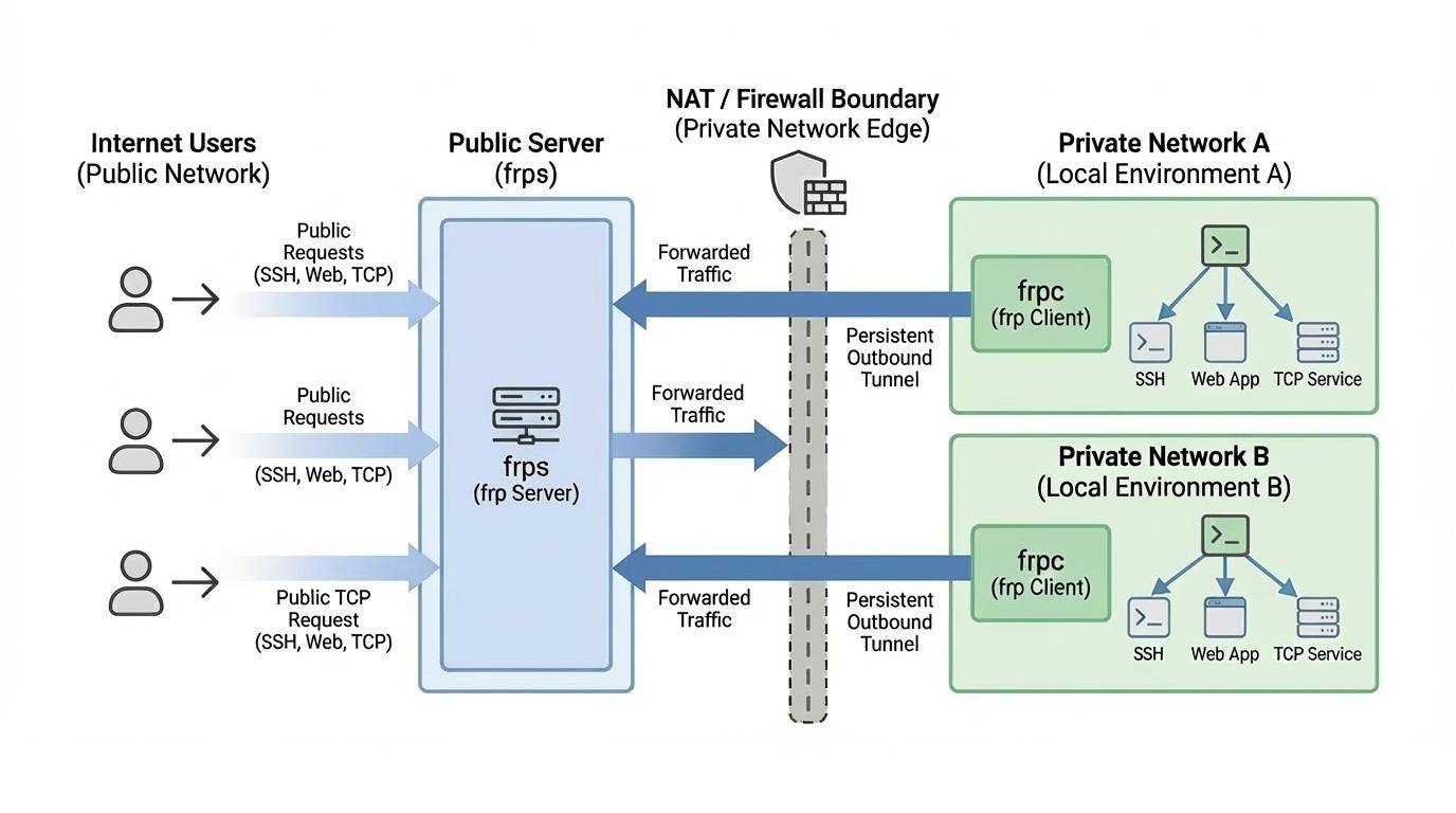 Официальная схема архитектуры frp: клиент frpc за NAT соединяется с сервером frps на своём сервере