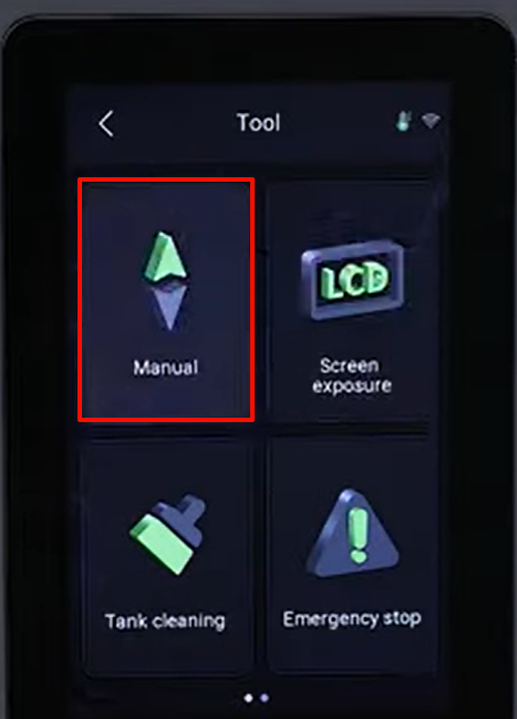 Меню Tool на экране принтера: Manual, Screen exposure, Tank cleaning, Emergency stop