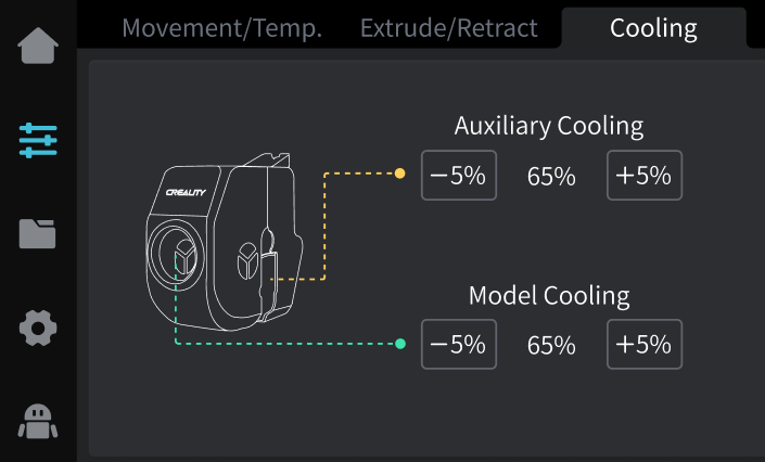 Ender-3 V3 screen showing separate auxiliary cooling and model cooling controls