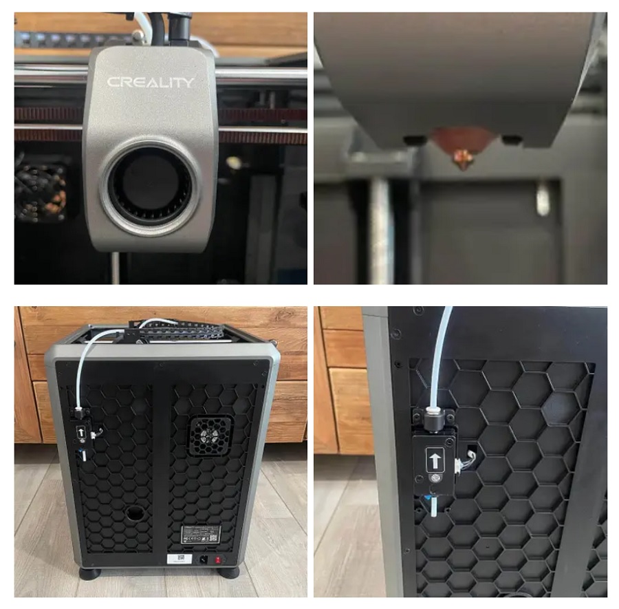 Хотенд Unicorn K1C: тело с логотипом Creality, латунное сопло снизу, вид на заднюю панель