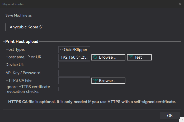 Настройка подключения принтера по IP в OrcaSlicer: тип хоста Octo/Klipper