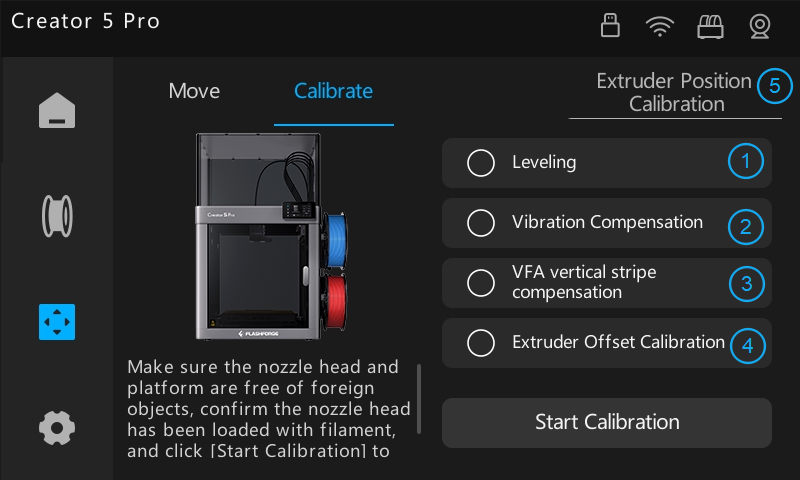 Flashforge Creator 5 calibration menu showing VFA vertical stripe compensation