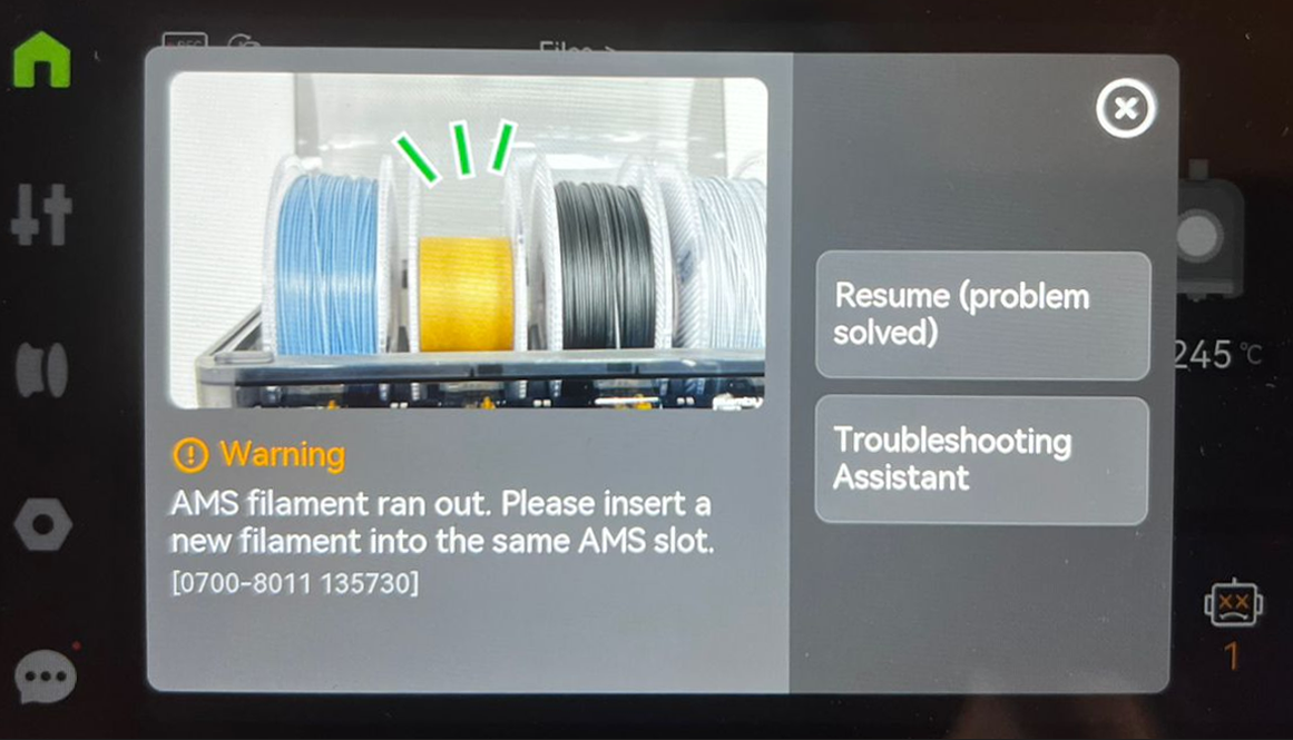 Предупреждение AMS filament ran out на экране принтера