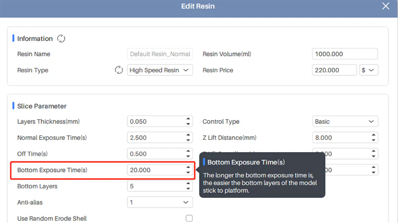 Настройка bottom exposure time и количества базовых слоёв в ChiTuBox