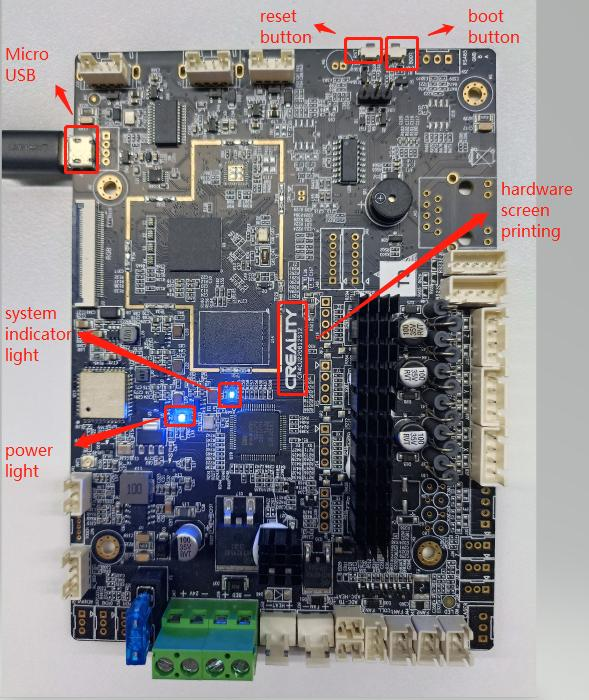Материнская плата Ender-3 V3 — расположение Boot button, Reset button и microUSB-разъёма