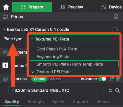 Выбор типа пластины в Bambu Studio