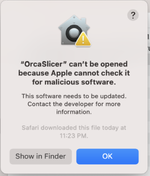 Предупреждение macOS при первом запуске OrcaSlicer