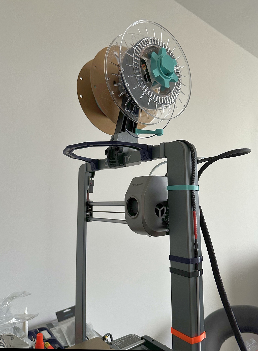 Willys top spool holder mounted on an Ender-3 V3 CoreXZ, side view