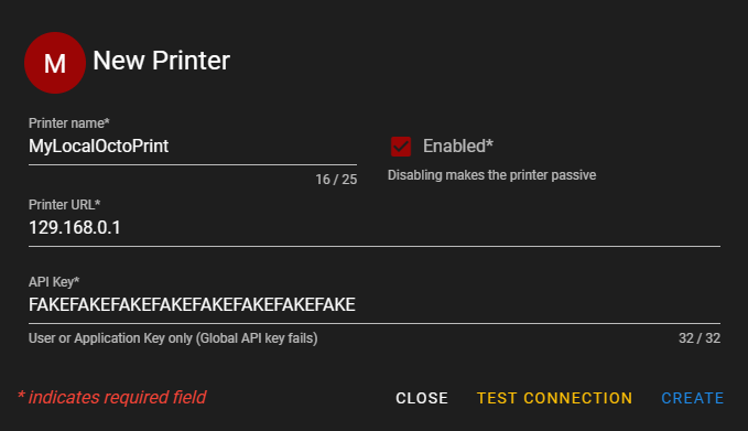 FDM Monster: окно нового принтера — имя, адрес и ключ API; подходит только пользовательский ключ